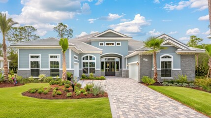 Attractive front view of a chic modern home with a spacious driveway leading to a welcoming front entrance