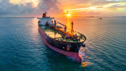 Aerial front view of a heavy crude oil tanker travelling over calm sea  - Powered by Adobe