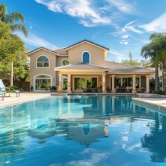 Fototapeta premium A beautiful suburban family home featuring a sparkling pool with a reflection of the house, set against a backdrop of clear skies and lush greenery