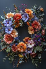 An exquisite display of diverse blooms in gentle tones, forming an artistic watercolor floral wreath with a circular arrangement.