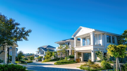 Contemporary houses line a sunny street in a suburban neighborhood with clear blue skies above