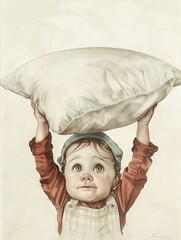   A depiction of a young lad clutching a cushion against his brow, gazing upward in astonishment