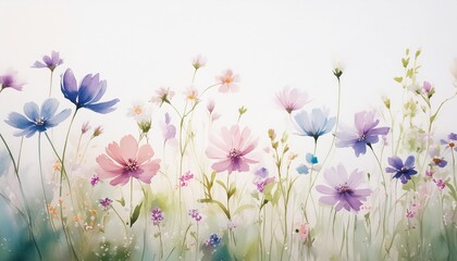 watercolor painting of little flowers in spring meadow on white background