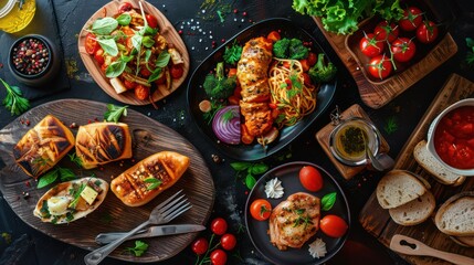 Fototapeta premium Vibrant, gourmet dishes are spread on a rustic wooden table, showcasing the abundance and variety of a culinary feast