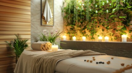 Warmly lit spa treatment room with a massage table, surrounded by greenery and soft lighting creating a cozy retreat