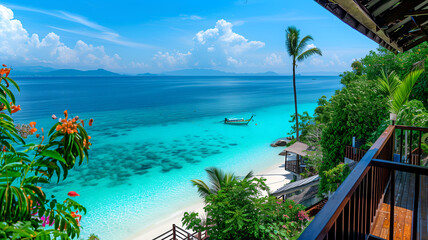 Naklejka premium Tropical Beach Resort Ocean View with Clear Blue Water