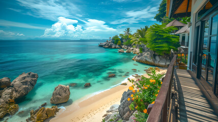 Fototapeta premium Tropical Beach Resort with Crystal Clear Water and Sandy Shore