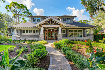 A sophisticated dove grey craftsman cottage style home, front view, featuring a distinctive triple pitched roof, manicured landscaping, and a path that leads to the essence of curb appeal. - obrazy, fototapety, plakaty