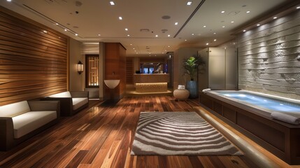 A modern spa facility featuring a beautifully designed space with a jacuzzi, relaxation areas, and warm lighting atmosphere