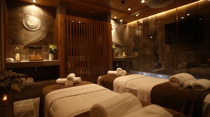 A luxurious spa setting with warm ambient lighting and neatly arranged massage beds ready to offer a high-end experience
