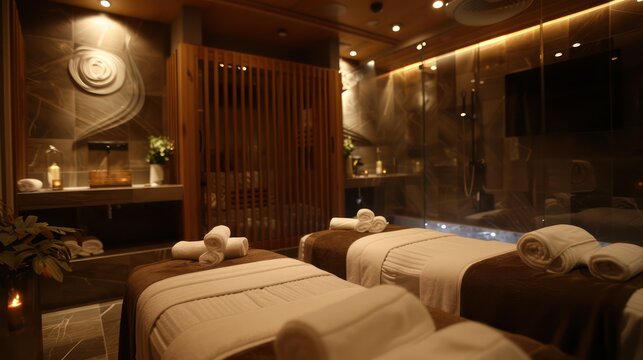 A luxurious spa setting with warm ambient lighting and neatly arranged massage beds ready to offer a high-end experience