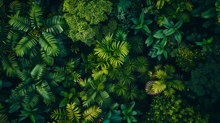 Lush Green Tropical Foliage Background. Dense overhead view of vibrant tropical foliage featuring a variety of green shades and leaf patterns.