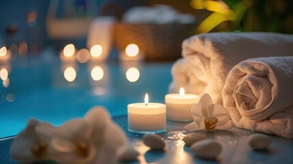 Romantic candlelit corner with a pool, towels, and flowers creating a tranquil spa environment