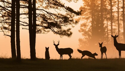 horizontal banner silhouette of deer fox hare standing on meadow in forrest silhouette of animals trees grass magical misty landscape fog orange black and brown illustration bookmark