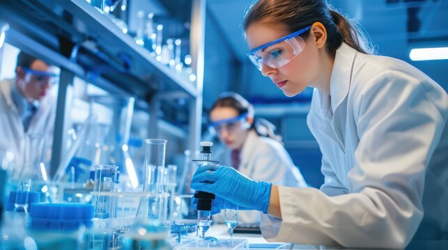 A focused scientist conducts research using a microscope in a high-tech laboratory environment