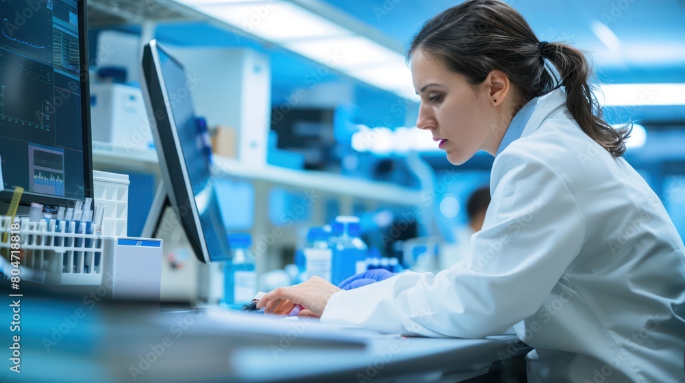 Poster a dedicated scientist is portrayed analyzing crucial data on a computer in the laboratory setting