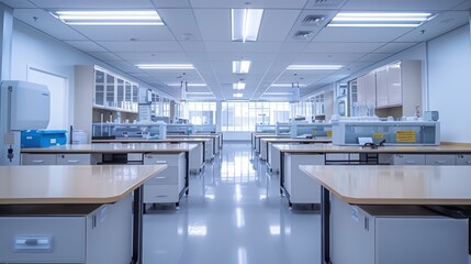 An image showcasing a spacious, brightly lit laboratory with modern equipment, ready for research - Powered by Adobe