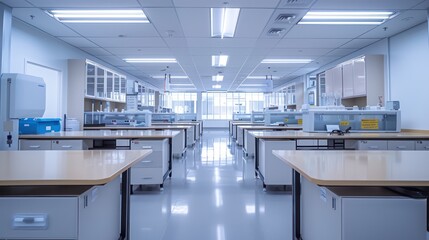 An image showcasing a spacious, brightly lit laboratory with modern equipment, ready for research