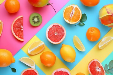 vibrant colorful geometrical poster of fruits flat lay. Citrus and vitamin diet. Fructose concept. Importance of daily fruit consumption.