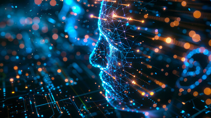 Obraz premium Futuristic Digital Human Face Network Visualization. Digital rendering of a human face represented as a glowing network of lines and dots, set against a dynamic, illuminated circuit board background.