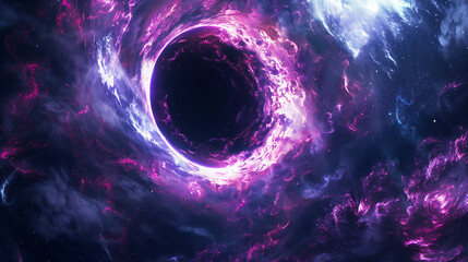 Surreal Cosmic Vortex in Deep Space. A mesmerizing digital illustration of a cosmic vortex, swirling with vibrant pink and blue nebula clouds in a star-studded deep space.