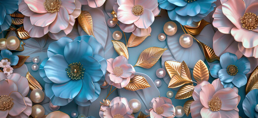 3D floral pattern, pink and blue flowers with pearls, gold leaves background