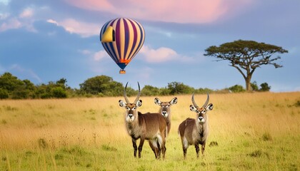 waterbuck kobus ellipsiprymnus family standing with a a hot air balloon in the background on the savannah of the masai mara national park in kenya - Powered by Adobe