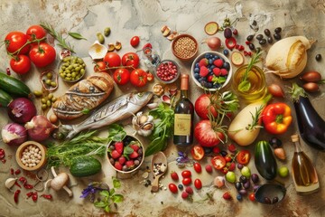 mediterranean diet poster flat lay, fish and vegetables. Healthy eating pattern. 