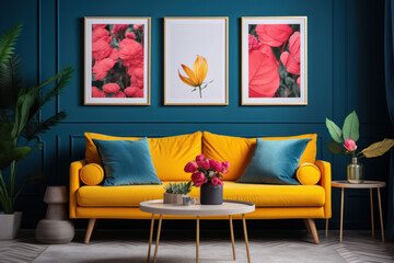 Three posters above yellow couch, frame mockup picture on dark wall in home interior with plants. Concept of design, vintage, retro, modern living room