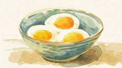   A painting depicts eggs in a bowl on a wooden table with a sheet of paper nearby on the floor