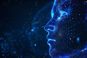 Obraz premium human face in digital neon connected dots data visualization and futuristic technology