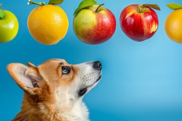 A corgi dog looking at low hanging fruit on a blue background. Red apple, green apple, lemon and orange hanging over the dog's head. Fruit in a puppy's diet. World Vegetarian Day.