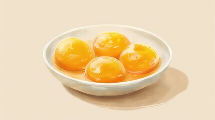   A white bowl holds golden eggs on a light tablecloth with a shadowed bowl on the floor