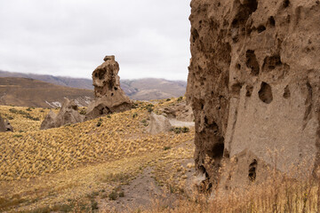 Desert landscape with giant rocks and grasslands in a mountain environment in northern Patagonia,...