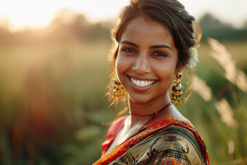 Beautiful Indian Woman in a Sari Smiling Outdoors