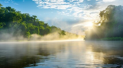 beautiful sunrise in an amazon river with fog and a blue sky with clouds