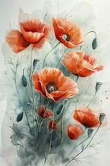In this stunning watercolor piece, vivid poppies pop against a gentle, textured backdrop in a captivating display of color.
