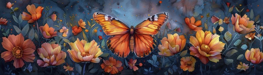 Capturing the delicate flutter of a butterfly among vivid blossoms in a dreamy watercolor style.