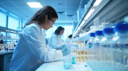 With concentrated expressions, a male and female scientist are engaged in lab work, surrounded by an array of scientific glassware
