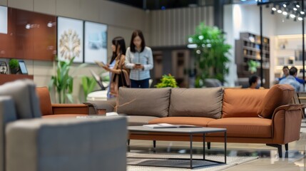Customers and a sales representative discussing furniture options in a contemporary styled showroom setting