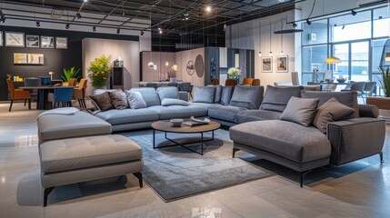 An inviting, well-lit interior design showroom with designer furniture, artful decor, and styled living spaces