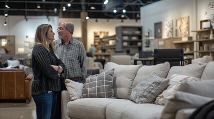 A candid shot of a couple browsing through furniture in a well-lit store, with focus on their interaction