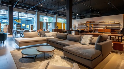A high-end furniture store interior with plush sofas and a sophisticated layout invites shoppers