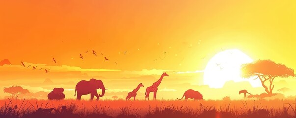 Naklejka premium African savannah landscape during sunset featuring giraffes and flying birds, symbolizing peace and the beauty of nature. illustrative style, banner
