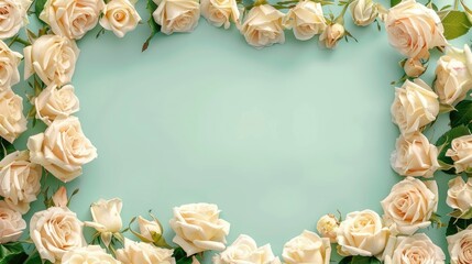 Gorgeous cream roses are elegantly arranged against a backdrop of refreshing neo mint green creating a stunning floral composition with a frame like border This top view shot offers ample s