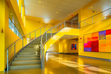 Bright yellow entrance hall with a sleek, steel staircase and vibrant modern art, providing a...