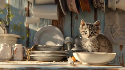   Kitten on a kitchen counter with dishes