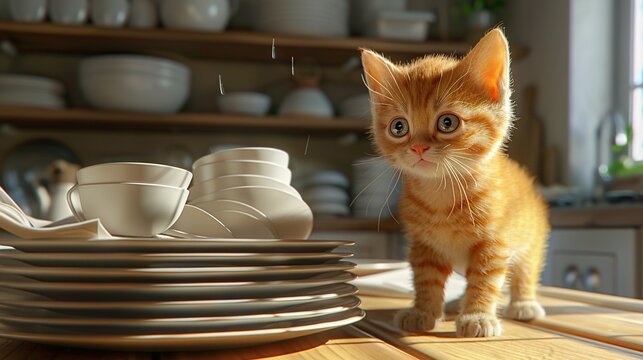   A little orange kitten perched atop a wooden table amidst a set of pristine white cups and saucers