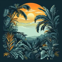 Gorgeous illustration framing a tropical forest view with a sunset in the background, detailed and colored in deep hues