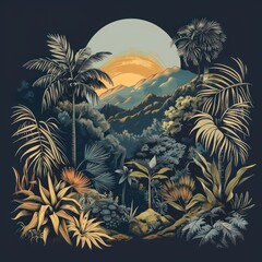 Golden hour illuminates tropical mountain landscape with swaying palm trees and rich flora